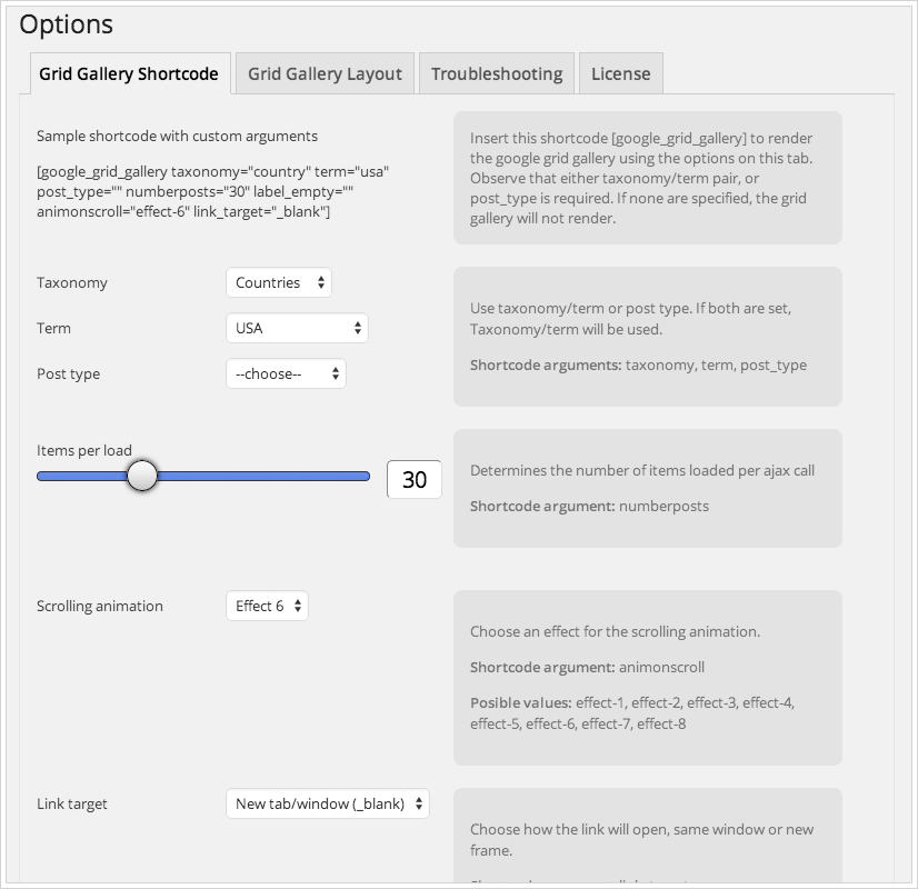 Poster Grid Gallery Options Shortcode