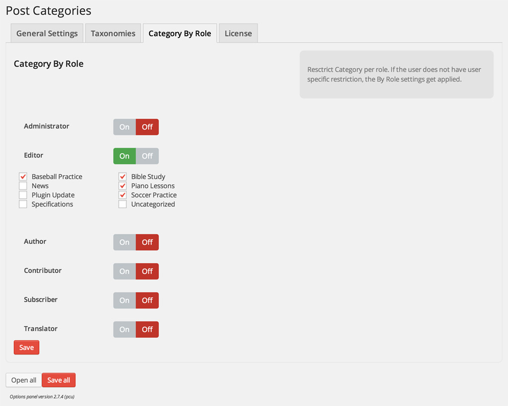 Post Category by User for WordPress - Category by Role