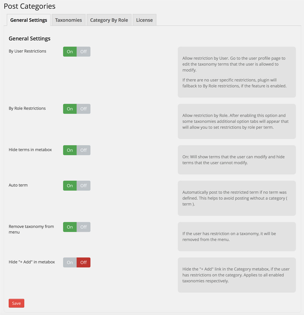 Post Category by User for WordPress - General Settings