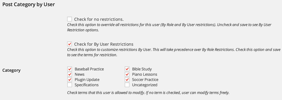 Post Category by User for WordPress - Restrictions by User